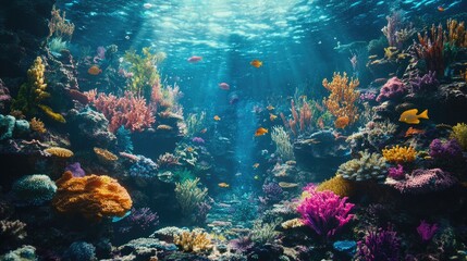 The vibrant life of a coral reef in the sea, with colorful corals and fish creating a lively underwater landscape.