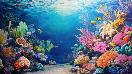Fototapeta premium The vibrant life of a coral reef in the sea, with colorful corals and fish creating a lively underwater landscape.