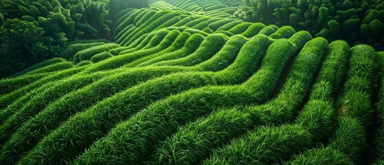 Fototapeta premium Overhead shot of sugarcane plants in neat rows, economic crops, sweet harvest