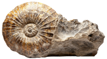 Ammonite fossil discovered in rocky terrain, cut out - stock png.