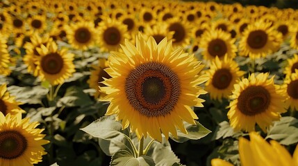 Fototapeta premium A close-up top view of a sunflower field in full bloom on a sunny day.
