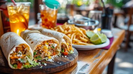 Fototapeta premium Delicious Chicken Drum Roll and Chicken Wings with french Fries and Soft Drinks