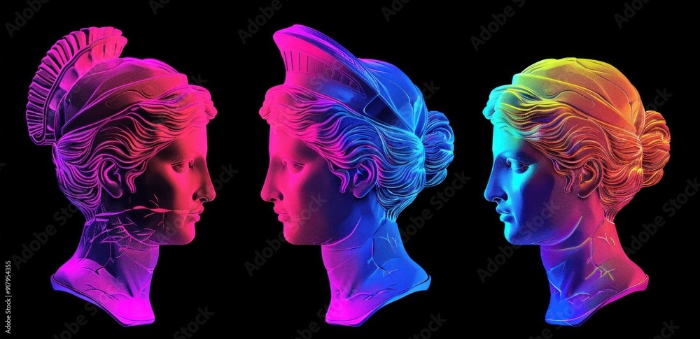 Canvas Prints Colorful D render of ancient Roman statues in profile view, illuminated in neon colors against a black background