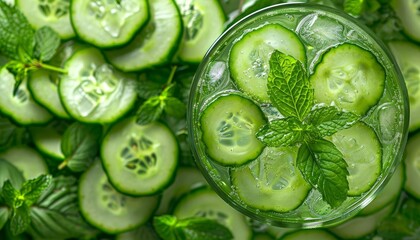 Refreshing cucumber and mintinfused water, drink banner, detox drink