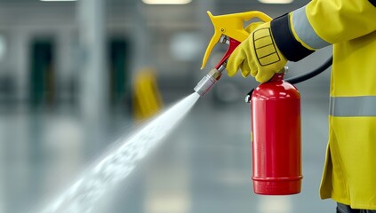 Naklejka premium Firefighter Extinguishing Flames – Close-Up of Red Extinguisher, Safety and Protection Concept