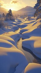 Serene Anime-Style Winter Landscape: Golden Sunlight Illuminating Snowy Valley and Winding River. Artistic Capture of Nature's Tranquil Beauty. Enchanting Scenery for Cultural Illustrations and Creati