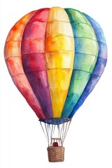 Fototapeta premium A vibrant watercolor illustration of a hot air balloon featuring a rainbow of colors, with a woven basket at the bottom, symbolizing adventure and freedom, isolated on white background