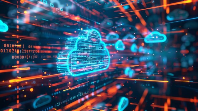 Abstract digital depictions of cloud technology engineering serve as visual metaphors for the interconnected web of data flows and computational processes