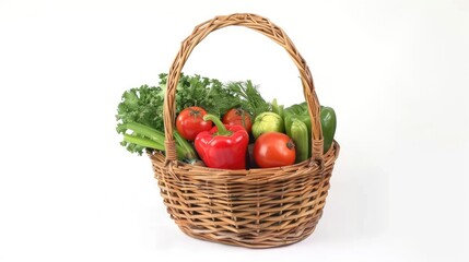raw vegetables in wicker basket isolated on white