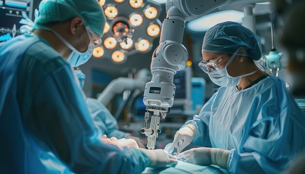 Surgeons are using a modern medical robot to perform surgery on a patient