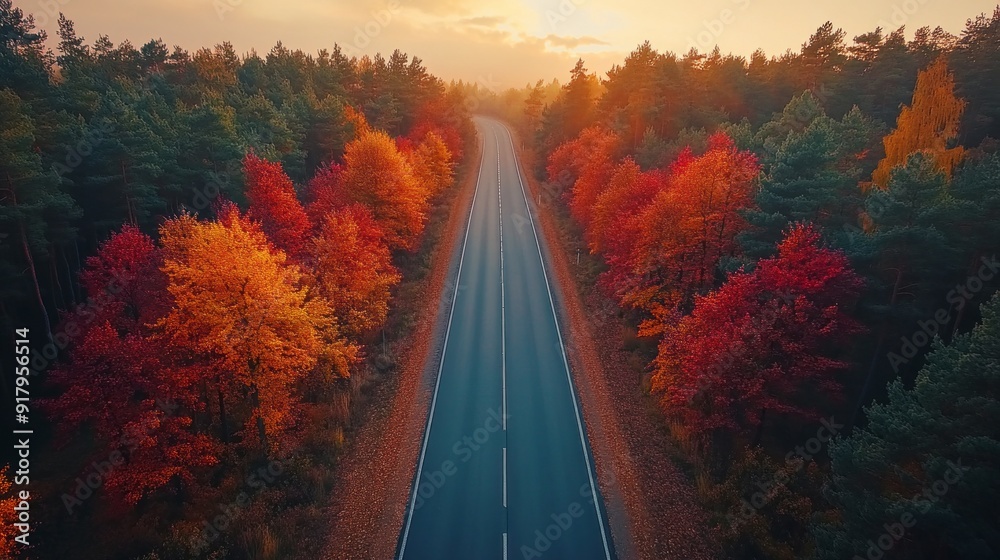 Poster a road with trees on both sides and a car driving down it