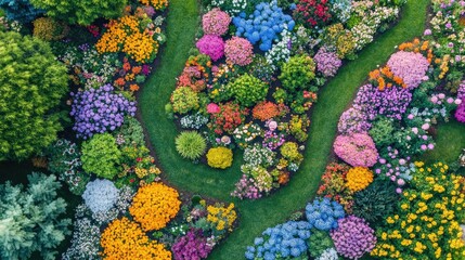 An aerial view of a colorful flower garden with neatly arranged flower beds.