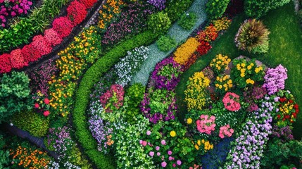 An aerial view of a colorful flower garden with neatly arranged flower beds.