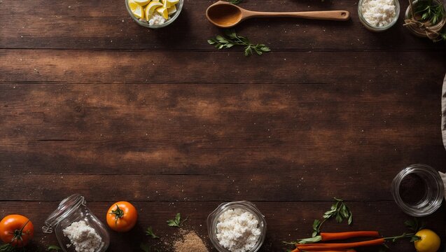 Rustic Kitchen Tabletop Background: A warm and inviting wooden table set with a variety of culinary ingredients, creating a rustic and charming backdrop for food photography and recipe inspiration.