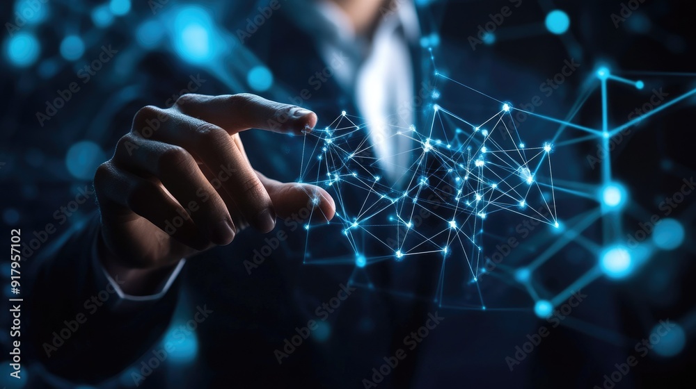 Poster businessman hand touching of digital data network transformation for next generation technology on c