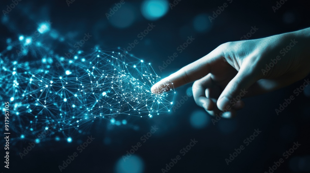 Poster businessman hand touching of digital data network transformation for next generation technology on c