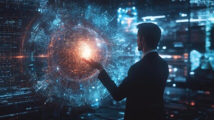 Businessman presenting futuristic business world metaverse graphic. In the form of innovation in digital business processing technology, innovation of the 21st century -
