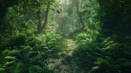 A serene forest path winding through dense greenery.