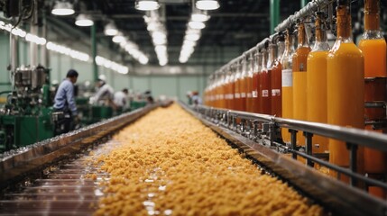 Factory Production Line: A close-up view of a busy factory production line, showcasing a steady stream of orange-colored food products being processed and bottled, highlighting the efficiency and scal