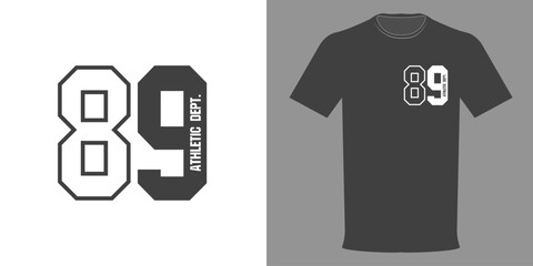 Vector illustration. Sports T-shirt ATHLETIC department with number 89. Fashionable T-shirt design in minimalist style. Highest quality streetwear. Urban style