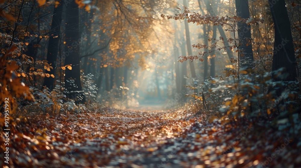 Canvas Prints A serene forest path with fallen leaves and sunlight filtering through.