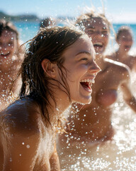 Obraz premium Radiant Friend - Joyful Beach Day with Laughter, Fun, and Sunlit Halo Effect