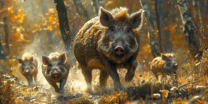 Wild Boars Running Through the Forest