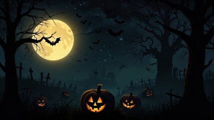 Fototapeta premium Halloween Spooky Nighttime Scene Horizontal Background. Haunted House Background. Pumpkins Background. Halloween party border. Halloween background