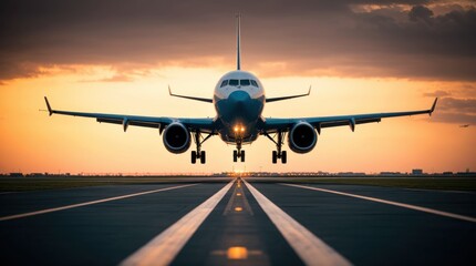 Obraz premium A commercial aviation carriage readies for takeoff at dusk on a runway 