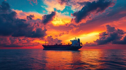 Naklejka premium Cargo ship sailing away against colorful sunset