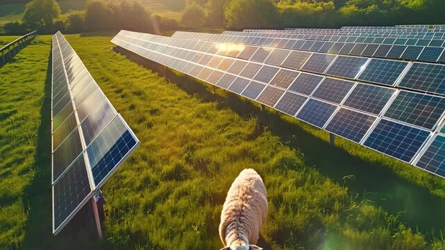 An aerial view of a lush grass field with sheep munching and solar panels. substitute energy source.