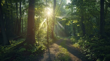 A serene forest path with sunlight filtering through the trees.