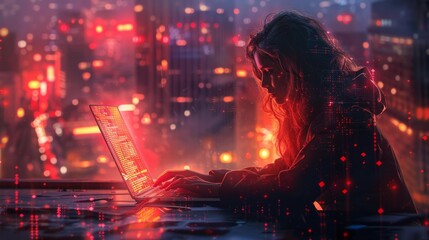 Woman coding in a neon-lit cityscape - generative ai