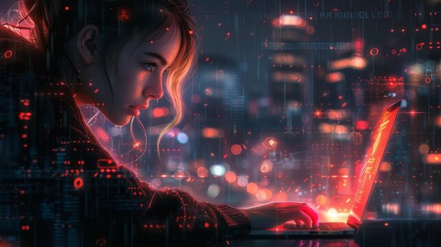 Cyberpunk female hacker at work - generative ai