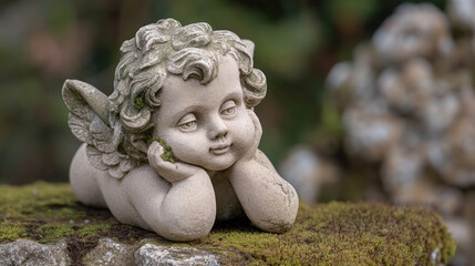 Stone cherub statue resting on moss-covered rock, creating a serene and timeless garden scene, capturing a sense of innocence and peace.