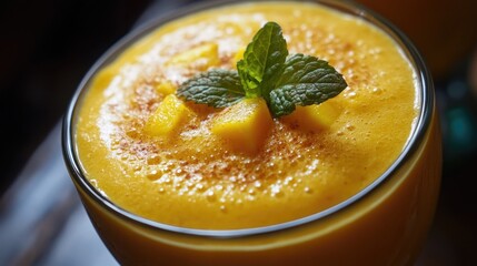 Close-up of a bowl of mango lassi with a frothy top and mint garnish.