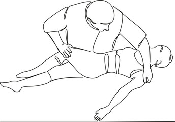 One continuous single drawing line art flat doodle back, person, patient, woman, physical therapy, recovery, chiropractor, care, osteopath. Isolated image hand draw contour on a white background
