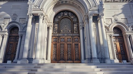 Obraz premium Angled View of Ornate Synagogue Entrance with Detailed Doors and Steps Leading Inside