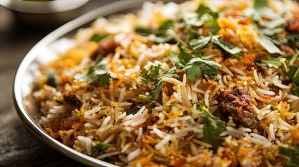 Close-up of a plate of biryani with fragrant rice, herbs, and spices.