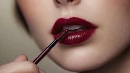 Obraz premium Close-up of a woman applying liquid lipstick with a precise applicator.