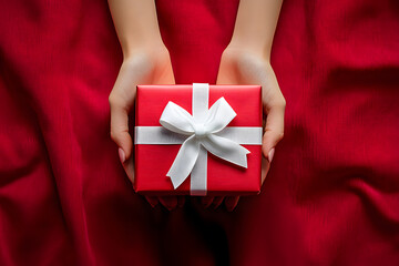 A woman's hands holding a red gift box with a white bow created&nbsp;