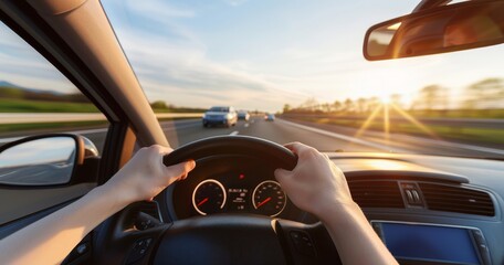 Hands on Steering Wheel Driving Down Highway &ndash; Sunlight Through Window