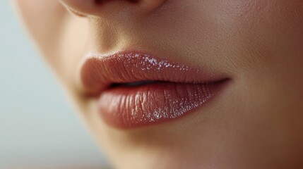 Naklejka premium Close-up of a woman's lips after applying lip balm, preparing for lipstick application.