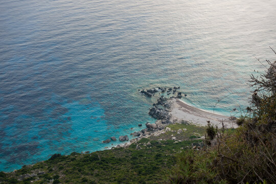 Amazing view down to the sea from the mountain in Othonoi island, north-west of Corfu, Greece, at dusk