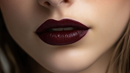 Obraz premium Close-up of a woman's lips with a bold, dark plum lipstick, emphasizing the intensity. -