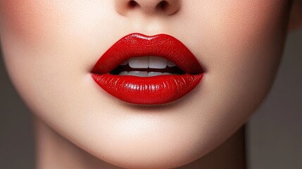 Fototapeta premium Close-up of a woman's lips with a classic red lipstick, paired with flawless makeup.