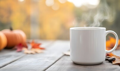 a large white coffee mug with autumn decor,  Generative AI