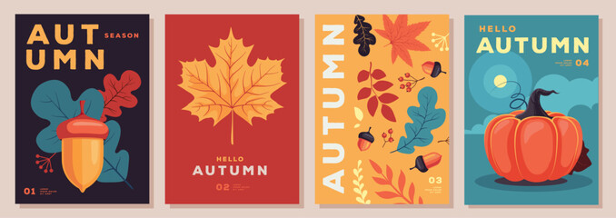 Set of retro flat autumn party posters with autumn floral attributes. Seasonal sale poster. Vector illustration