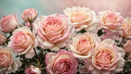 Obraz premium Pink Rose Bouquet: A delicate and romantic arrangement of soft pink roses, bathed in a dreamy light. The roses are in full bloom, showcasing their intricate petals and graceful curves. This image capt