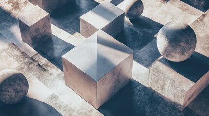 Floating 3D geometric shapes casting shadows on a textured surface.